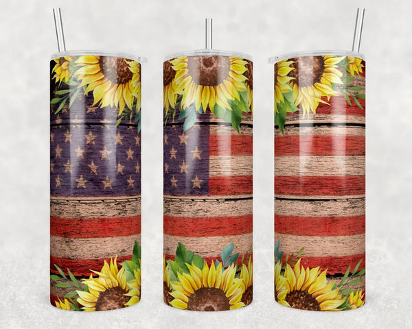 Rustic Sunflower American Flag | Tumbler